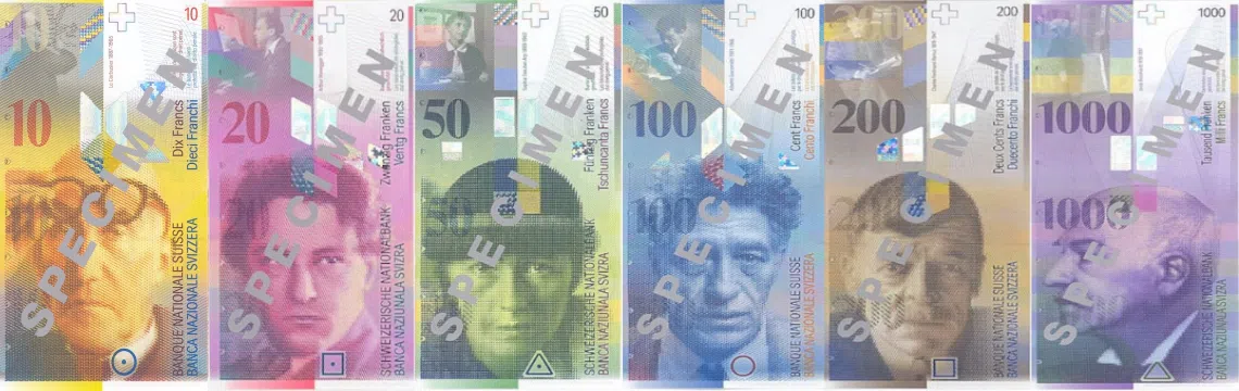 Banknoten der 8er-Serie des Schweizer Frankens CHF