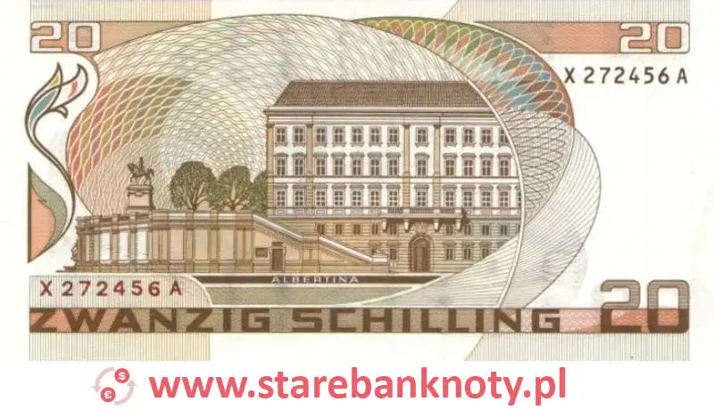 widok banknotu 20 szylingów austriackich rewers