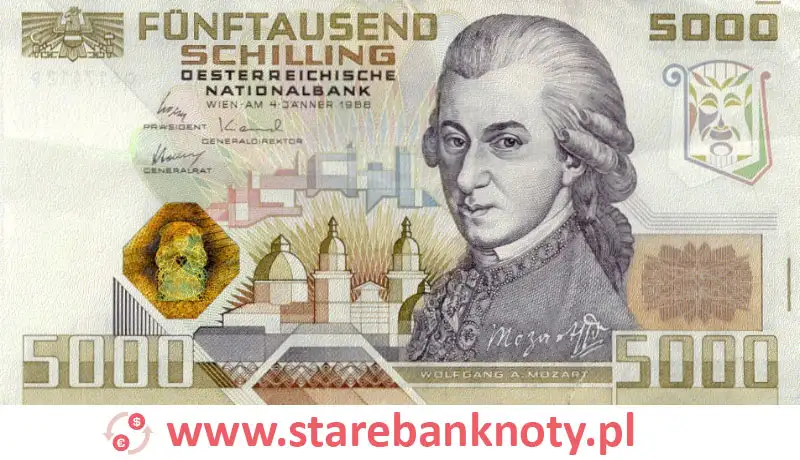 widok banknotu 5000 szylingów austriackich awers