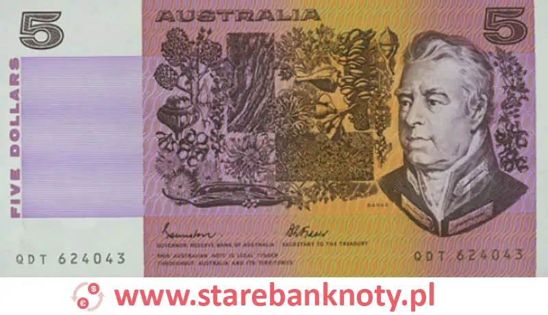 widok banknotu 5 dolarów australijskich awers
