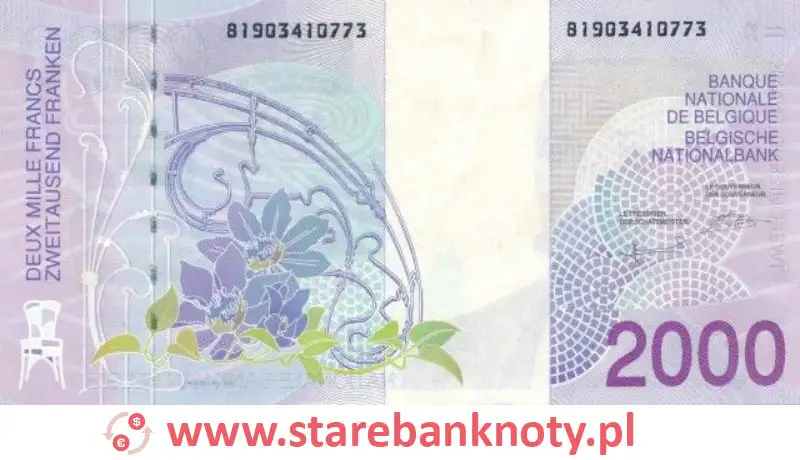 widok banknotu 2000 franków belgijskich rewers