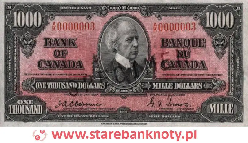widok banknotu <b>1000 dolarów kanadyjskich awers</b><br/>
