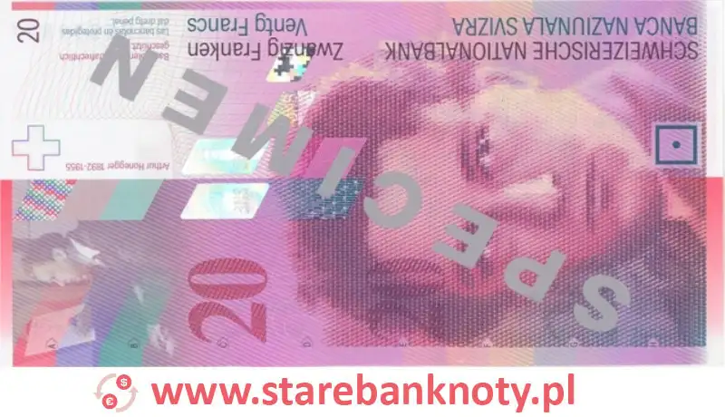 Przód banknotu 20 franków CHF z serii 8