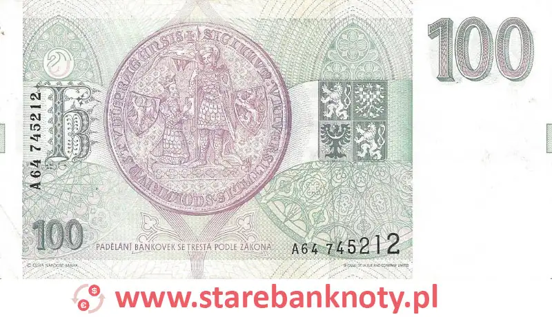 widok banknotu 100 koron czeskich rewers