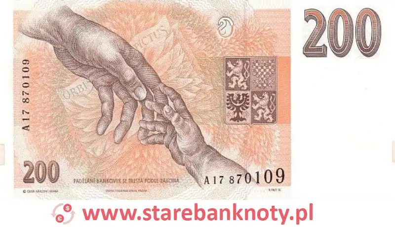 widok banknotu 200 koron czeskich rewers
