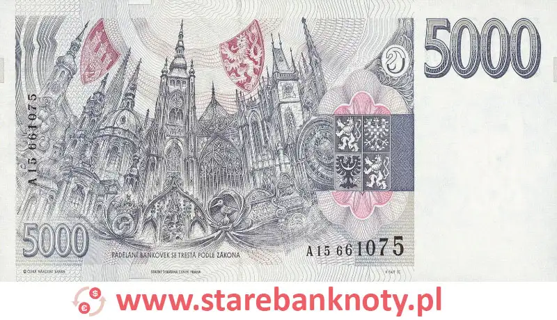 widok banknotu 5000 koron czeskich rewers
