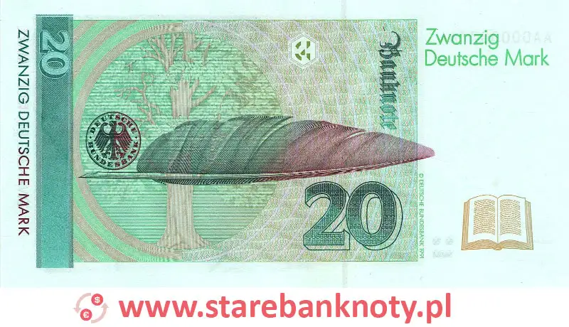 widok banknotu 20 marek niemieckich rewers