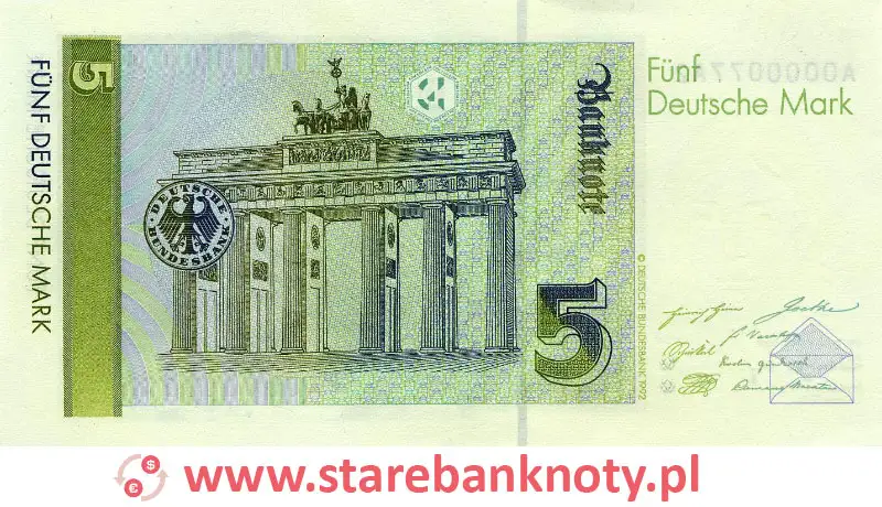 widok banknotu 5 marek niemieckich rewers