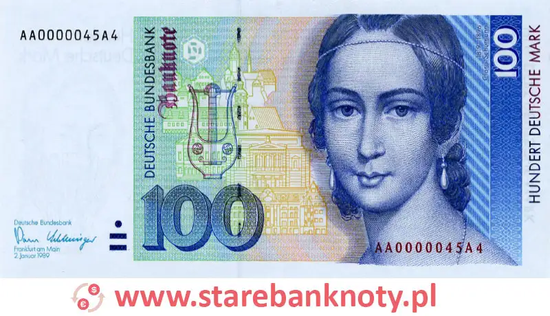 widok banknotu 100 marek niemieckich 2001 r. awers