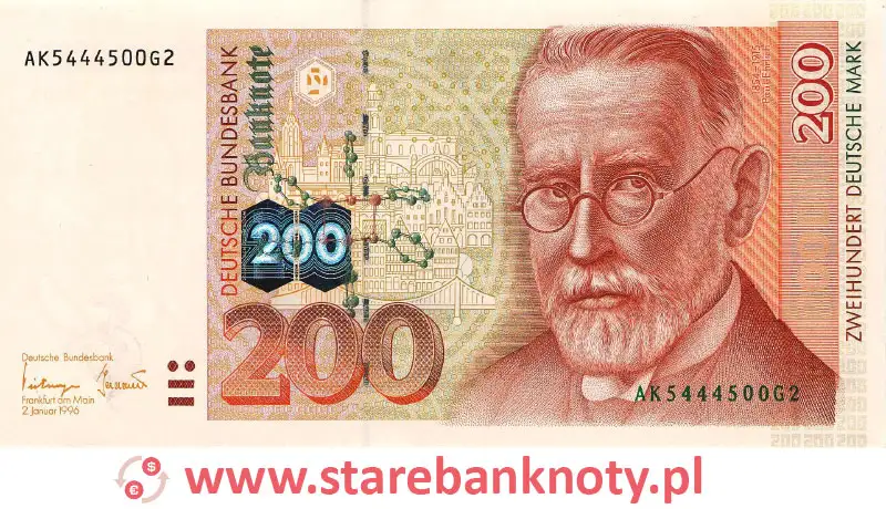 widok banknotu 200 marek niemieckich 2001 r. awers

