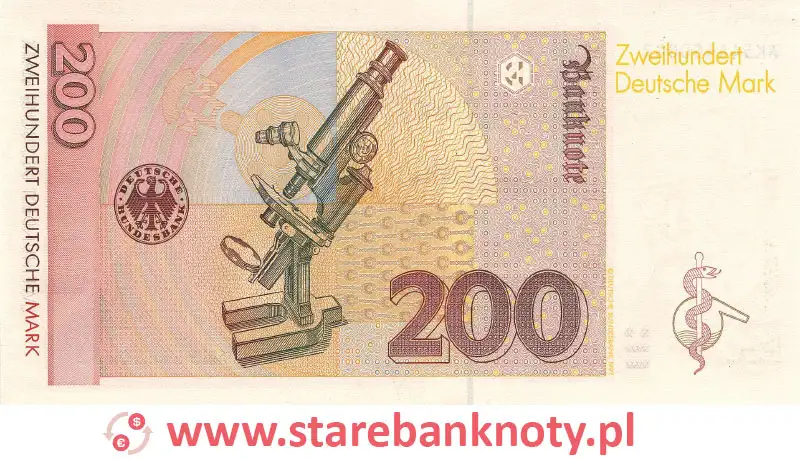 widok banknotu 200 marek niemieckich 2001 r. rewers

