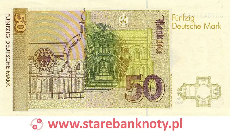 widok banknotu 50 marek niemieckich 2001 r. rewers