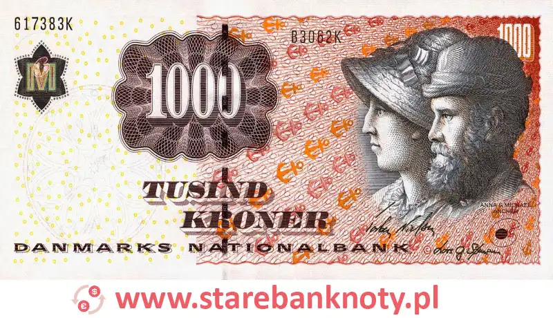 widok banknotu 1000 koron duńskich awers
