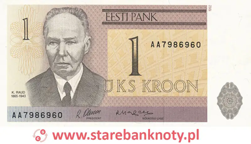 widok banknotu 1 korona estońska awers
