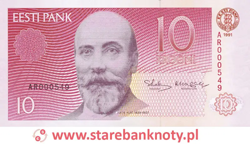 widok banknotu 10 koron estońskich awers
