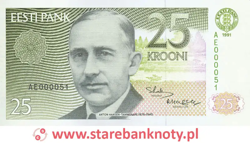 widok banknotu 25 koron estońskich awers
