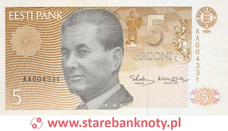 widok banknotu 5 koron estońskich awers
