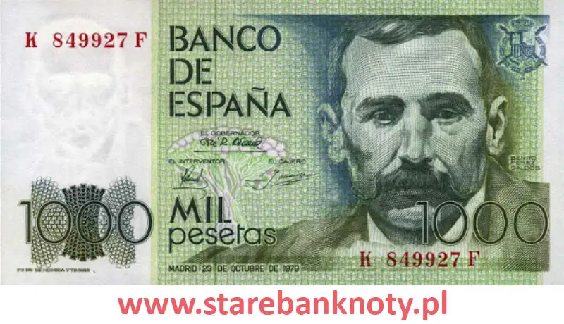 widok banknotu <b>1000 peset hiszpańskich awers</b><br/>
Banco de España zaczęło emitować banknot o nominale 1000 peset hiszpańskich w 1979 r. Zostały wycofane z obiegu w 2002 r.
Banknot tysiąc peset ma wizerunek Benito Pereza Galdosa, hiszpańskiego pisarza. Na banknocie w zielonym kolorze napis brzmi „Banco De España”. Na odwrocie tego banknotów znajdują się góry, formacje skalne i mapa Wysp Kanaryjskich.