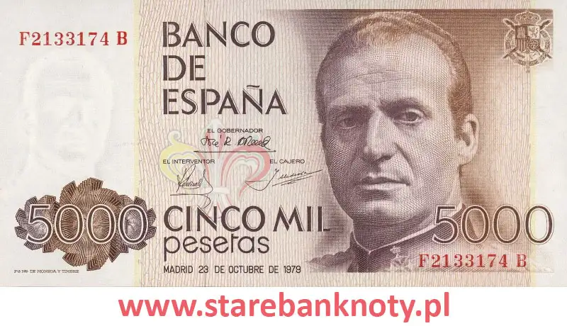 widok banknotu <b>5000 peset hiszpańskich awers</b><br/>
Banco de España zaczęło emitować banknot o nominale 5000 peset hiszpańskich  w 1979 r. Zostały wycofane z obiegu w 2002 r.
Banknot pięć tysięcy peset pokazuje wizerunek Juana Carlosa I, króla Hiszpanii. Na papierowym banknocie wydrukowano tekst „Banco De España”. Brązowo-fioletowy banknot  ma na odwrocie Pałac Królewski w Madrycie.