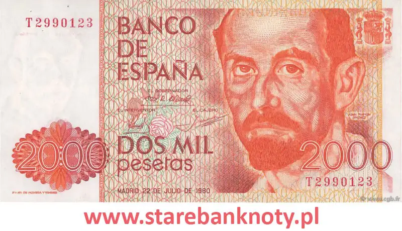 widok banknotu <b>2000 peset hiszpańskich awers</b><br/>
Banco de España zaczęło emitować banknot o nominale 2000 hiszpańskich peset w 1980 r. Zostały wycofane z obiegu w 2002 r.
Banknot 2000 peset przedstawia Juana Ramona Jiméneza, hiszpańskiego poetę. Słowa „Banco De España” są wydrukowane na papierowym banknocie. Na odwrocie banknotu 2000 peset widnieje Villa de la Rosa.