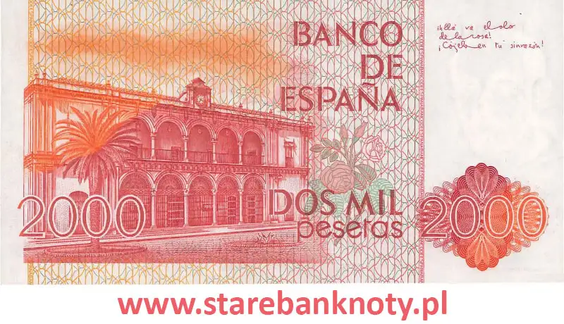 widok banknotu <b>2000 peset hiszpańskich rewers</b><br/>