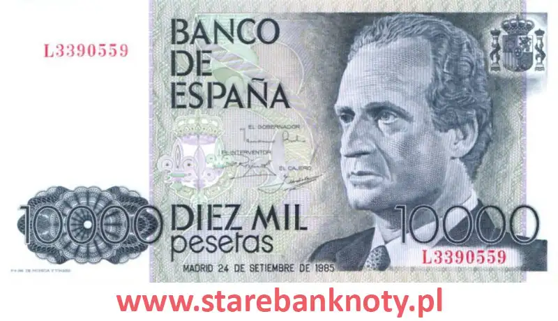 widok banknotu <b>10000 peset hiszpańskich awers</b><br/>
Banco de España zaczęło emitować banknot o nominale 10000 peset hiszpańskich  w 1985 r. Zostały wycofane z obiegu w 2002 r
Banknot dziesięć tysięcy peset ma wizerunek Juana Carlosa I i Felipe Prince of Asturias. Słowa „Banco De España” są wydrukowane na papierowym banknocie.
