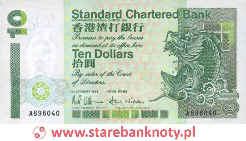 widok banknotu 10 dolarów hongkońskich awers