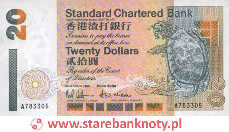 widok banknotu 20 dolarów hongkońskich awers