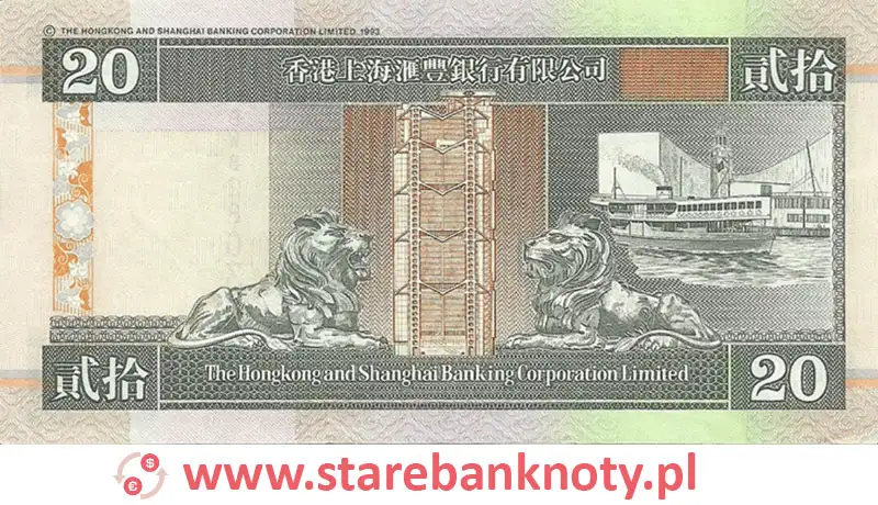 widok banknotu 20 dolarów hongkońskich rewers