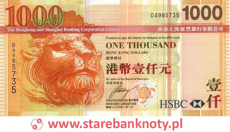 widok banknotu 1000 dolarów hongkońskich awers