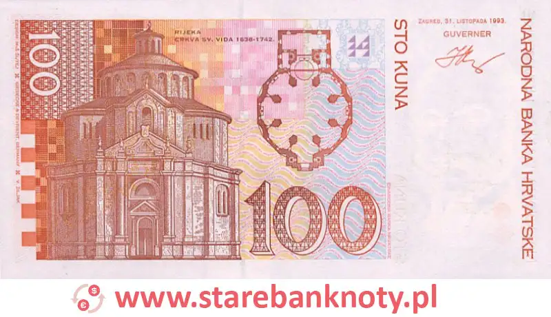 widok banknotu 100 kun chorwackich rewers