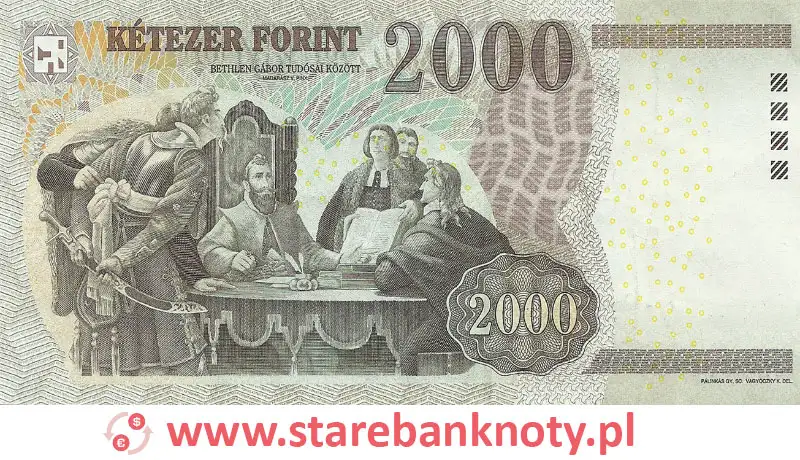 widok banknotu 2000 forintów węgierskich rewers