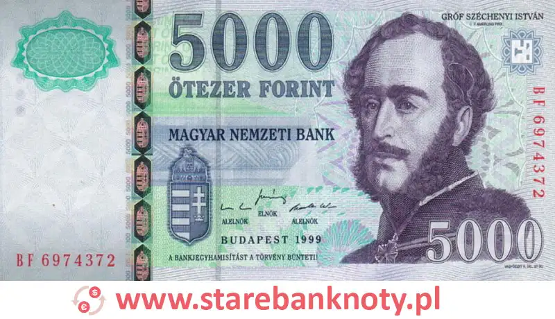 widok banknotu 5000 forintów węgierskich awers
