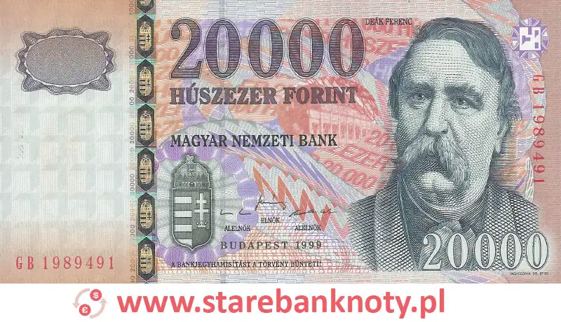 widok banknotu 20.000 forintów węgierskich awers
