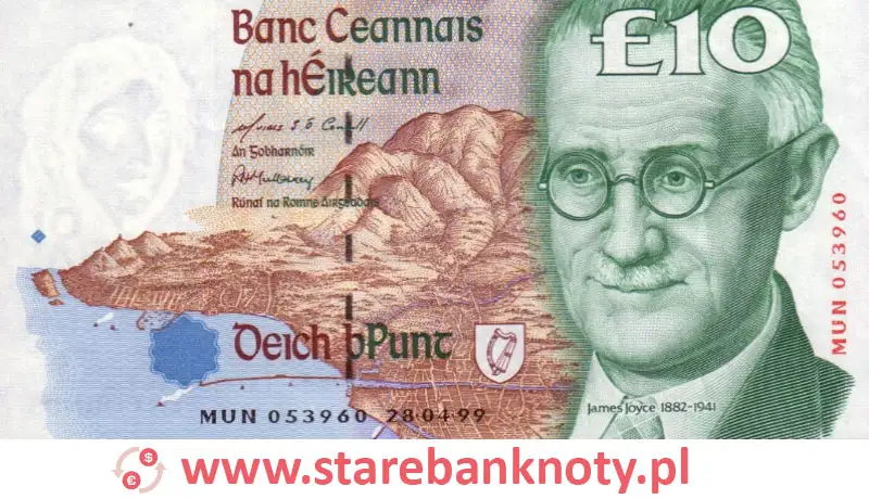 widok banknotu 10 funtów irlandzkich awers
