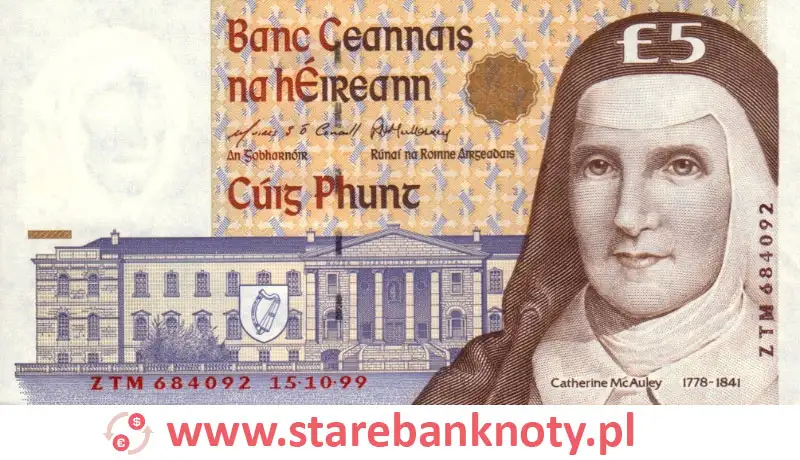 widok banknotu 5 funtów irlandzkich awers
