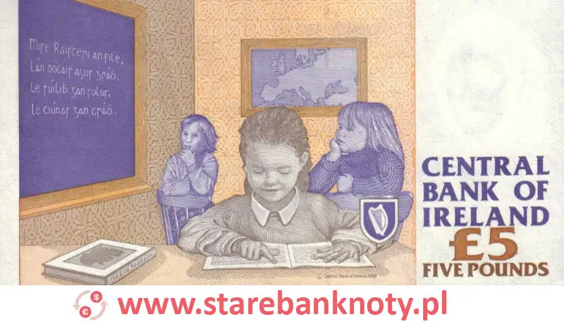 widok banknotu 5 funtów irlandzkich rewers