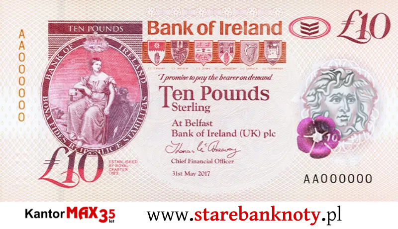 widok banknotu Przód 10 funtów północnoirlandzkich - seria Bushmills