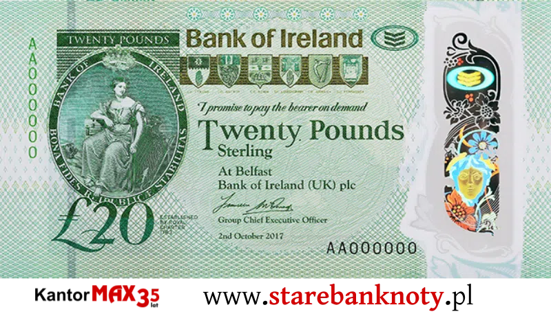 widok banknotu Przód 20 funtów północnoirlandzkich - seria Bushmills