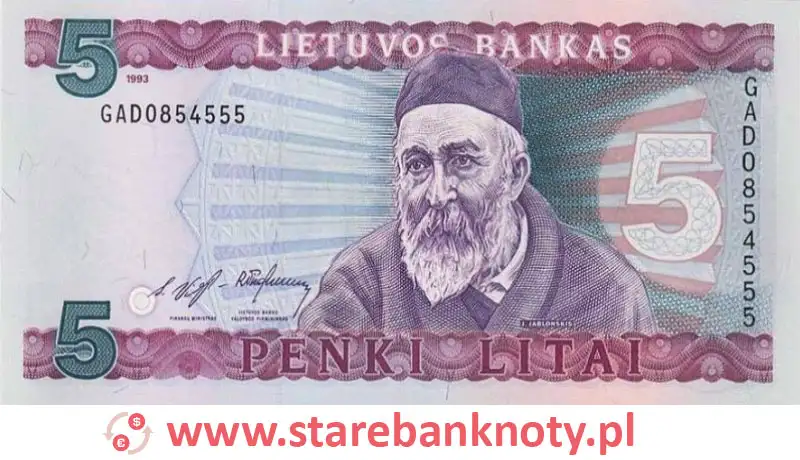 widok banknotu 5 litów litewskich awers
