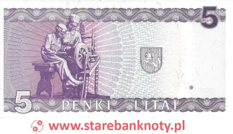 widok banknotu 5 litów litewskich rewers