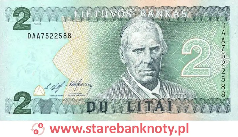 widok banknotu 2 lity litewskie awers
