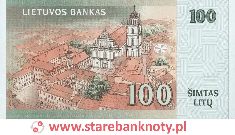 widok banknotu 100 litów litewskich rewers