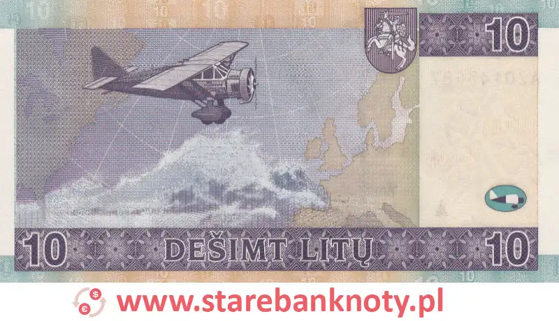 widok banknotu 10 litów litewskich rewers
