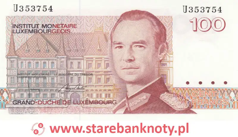 widok banknotu 100 franków luksemburskich awers

