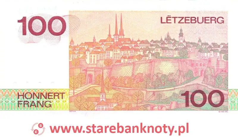 widok banknotu 100 franków luksemburskich rewers