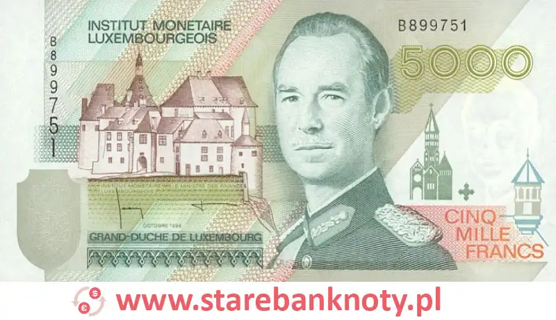 widok banknotu 5000 franków luksemburskich awers

