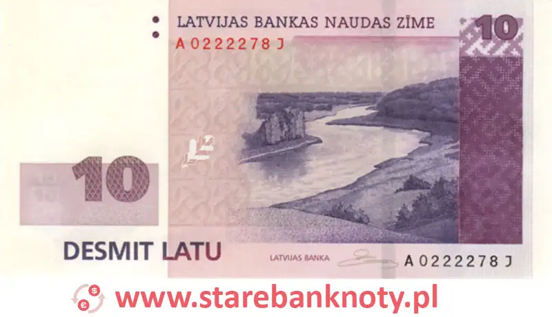 widok banknotu 10 łatów łotewskich awers
