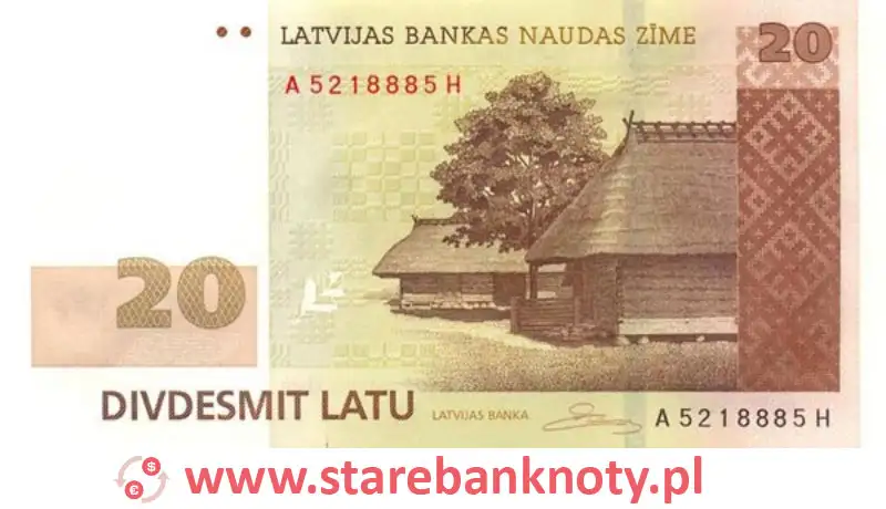 widok banknotu 20 łatów łotewskich awers