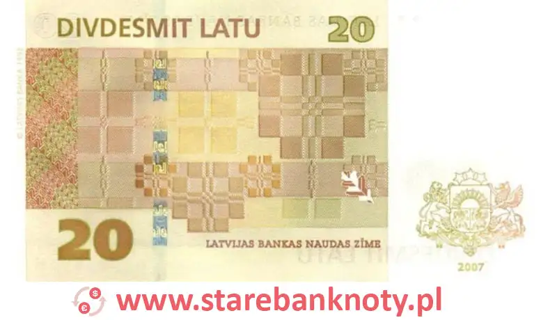 widok banknotu 20 łatów łotewskich rewers